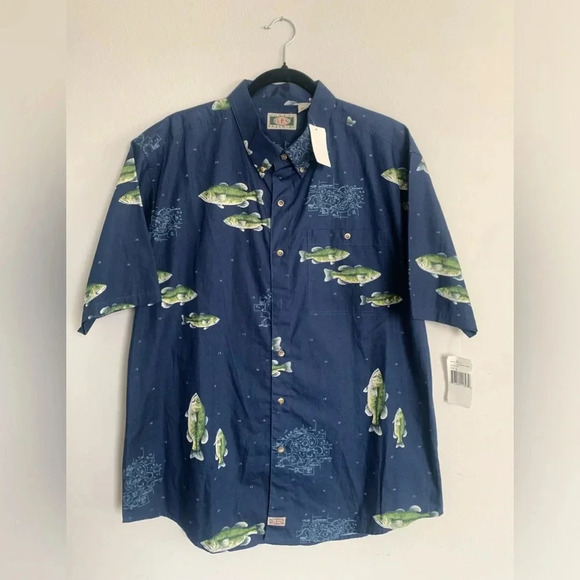 Vintage Largemouth Bass Print All Over Fishing Outdoor Shirt Button Down L New! - Picture 1 of 9